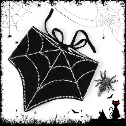 Gothic Cotton Headbands for Women, Spooky Crochet Bandana Knitted Headband with Gothic Hair Accessories Halloween, Wicked Hair Spider Rhinestone Barrettes Triangle Scarf Alternative Accessories