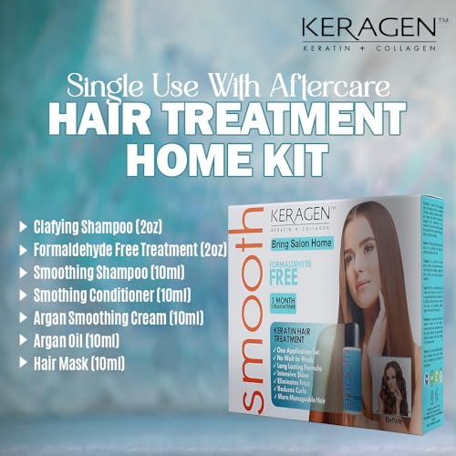 Keragen Brazilian Keratin Smoothing Treatment - Formaldehyde-Free Express Home Blowout Kit - Straightens & Smooths Frizz - Includes 2 Oz Treatment, Clarifying Shampoo & Aftercare Samples