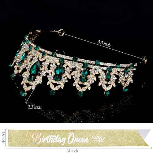 Green Birthday Crown and Sash Tiara for Women and Girls, Crystal Rhinestone Tiara for Birthday Party, Wedding, Quinceanera, Prom, Festival, EF8277