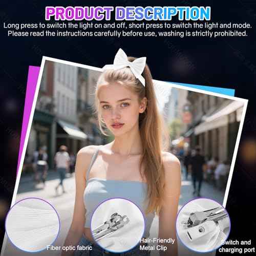 Light up Hair Accessories 7 Colors LED Hair Bow with Veil Rave Hair Clips Glow Hair Barrettes for Wedding