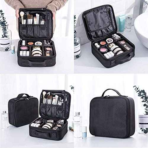 Travel Makeup Case, Cosmetic Train Case Organizer Portable Artist Storage Makeup Bag with Adjustable Dividers for Cosmetics Makeup Brushes Toiletry Jewelry Digital Accessories - Black