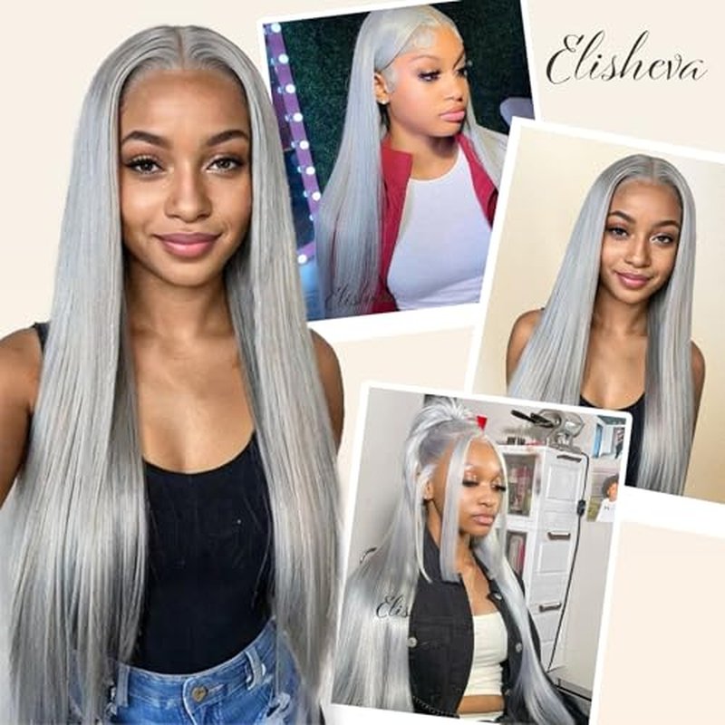 ELISHEVA Grey Lace Front Wigs Human Hair 20 Inch 13x4 Silver Grey Wig 200% Density HD Straight Lace Front Wigs Colored Grey Human Hair Wig