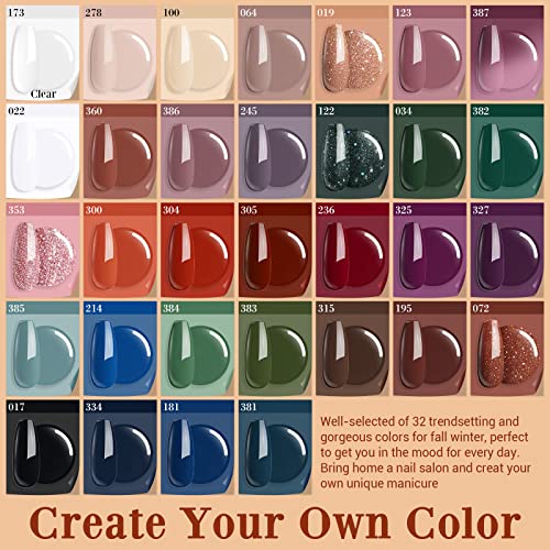 AZUREBEAUTY 42Pcs Dip Powder Nail Kit Starter, 32 Colors Green Nude Brown Blue Christmas Dipping Powder Set with Top/Base Coat & Recycling Tray for French Art Manicure Salon