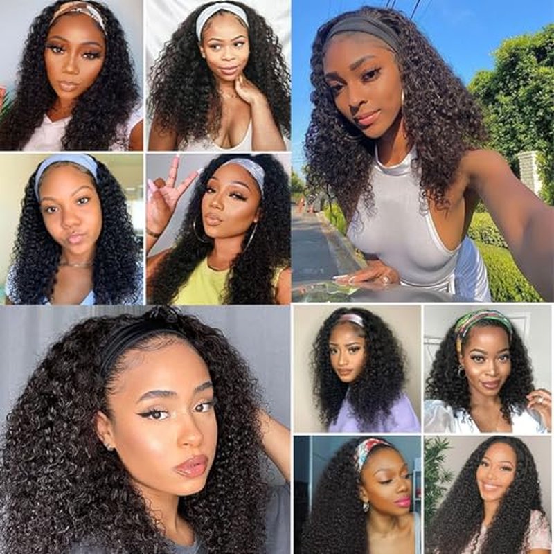 Headband Wig Human Hair Curly Wigs for Black Women 24 inch Wigs Human Hair Glueless Wear and Go None Lace Front Wig Headband Wigs Machine Made 180% Density Natural Color