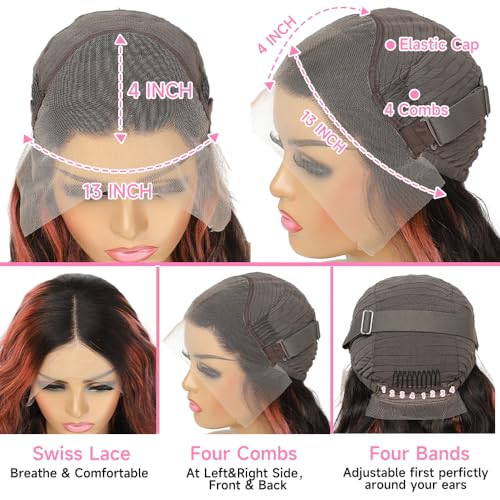 Avolo Highlight Ombre Lace Front Wig Human Hair 13x4 Body Wave 1B/Pink Colored Lace Front Wig Human Hair Pre Plucked With Baby Hair Black And Pink Wig Human Hair 180% Density 24 Inch Skunk Stripe Wig