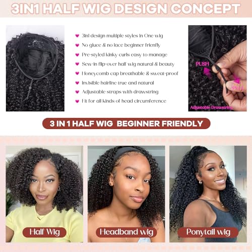 Kinky Curly Wig 200 Density 3 In 1 Seamless Flip Over Half Wigs Synthetic Hair Glueless Wear and Go Beginner Friendly Kinky Curly Wig Human Hair Drawstring Headband Wig for Women 26 Inch