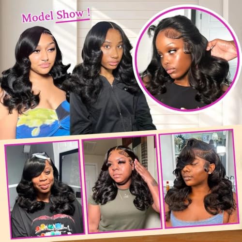 13x6 HD Lace Front Bob Wig Body Wave Human Hair Pre Plucked with Baby Hair Hd Transparent 16 Inch Short Bob Wig 200 Density Natural Black