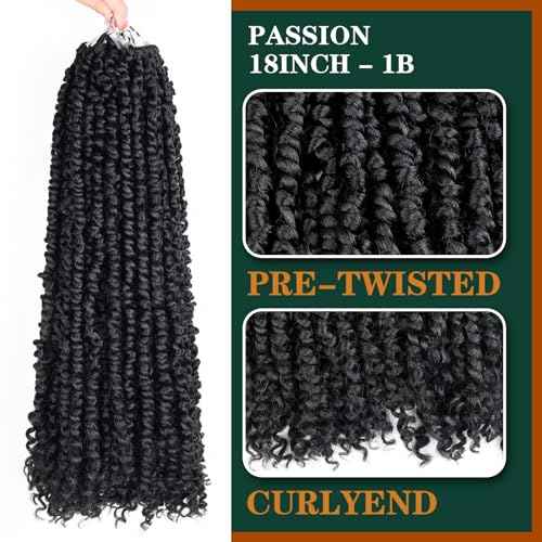 Passion Twist Crochet Hair 18inch 6packs Pre-Twisted Synthetic Long Curly 12 Roots Braiding Hair Extensions For Women (18 inch, 1B)