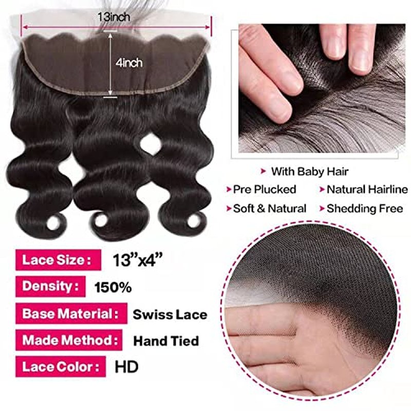 Body Wave Frontal 13x4 HD Lace Wig - 100% Remy Human Hair with Bangs, Natural Color | 12 Inch, 150% Density