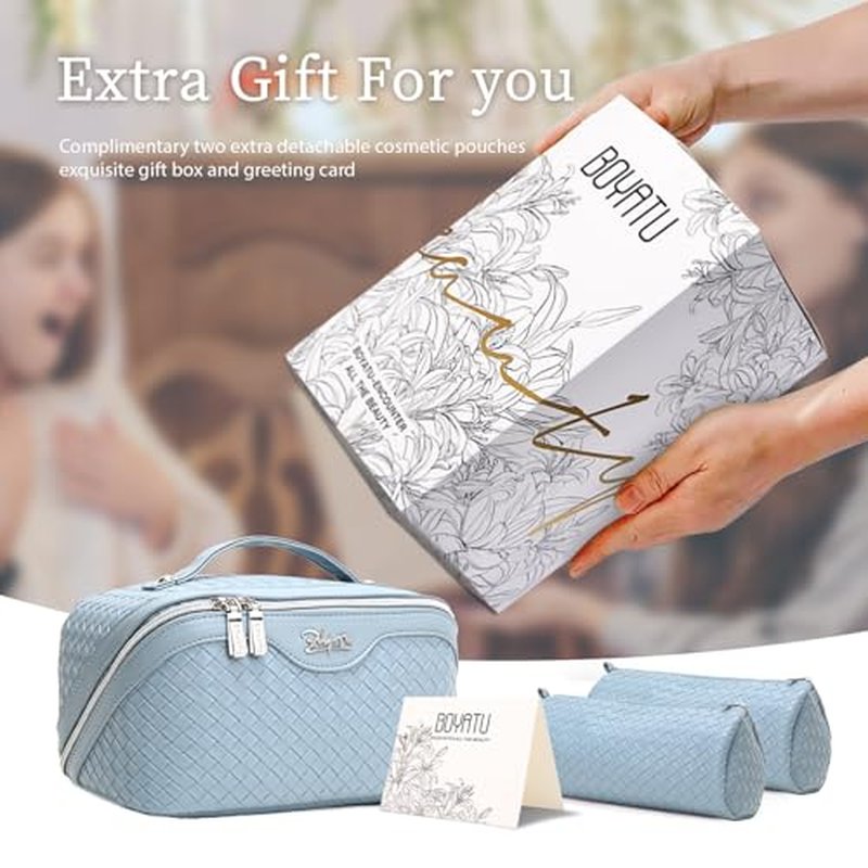 BOYATU Travel Makeup Bag Cosmetic Bags for Women: Large Capacity 3 Pcs Set Make up Bag with Compartments - Waterproof Vegan Leather Toiletry Organizer Bags with Handle (L04 Light Blue)