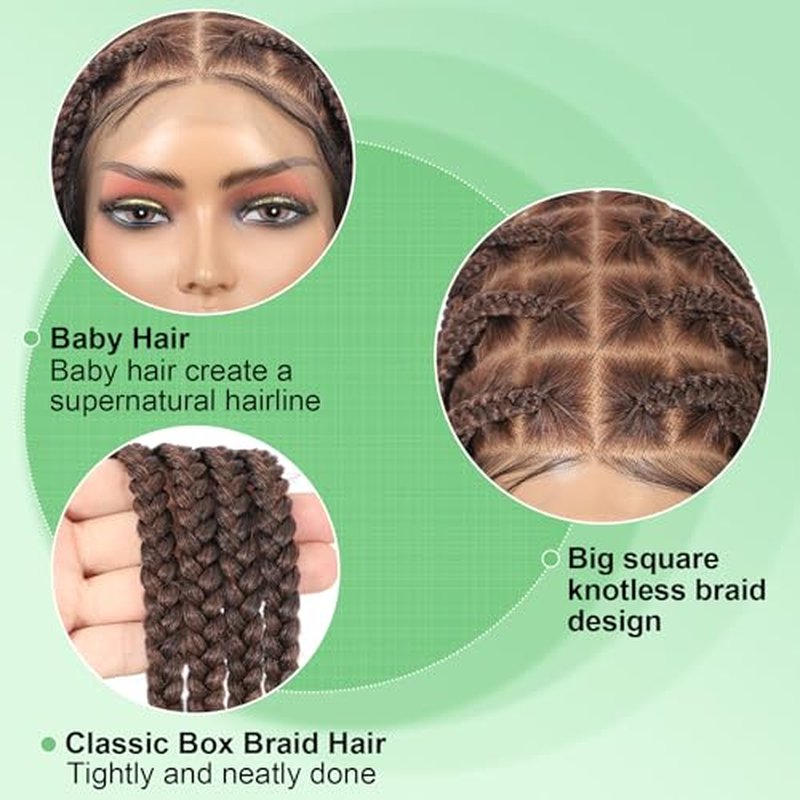 Youthfee 360¡Æ HD Full Lace Knotless Braided Wigs for Women Braided Lace Front Wigs with Baby Hair Premium Synthetic Brown Natural Looking Box Braid Wig 36 Inch