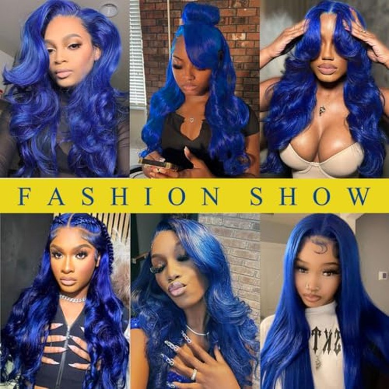 Blue 9x6 Body Wave Lace Front Wigs Human Hair Pre Plucked With Baby Hair 200% Density Dark Blue Human Hair Pre Cut For Women HD Transparent Lace Frontal Colored Wigs 20 Inch