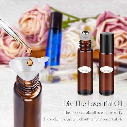 ZEJIA 10ml Roller Bottles for Essential Oils, 4 Pack Glass Roll on Bottles, Refillable Perfume Bottle, with Stainless Steel Roller Balls, 2 Droppers, 1 Opener, Labels (Amber)