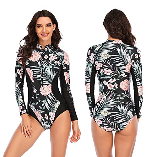 TOKX Women's One Piece Long Sleeve Bathing Suits UV Protection Rash Guard Swimsuit Monokini Swimwear Pink Flowers