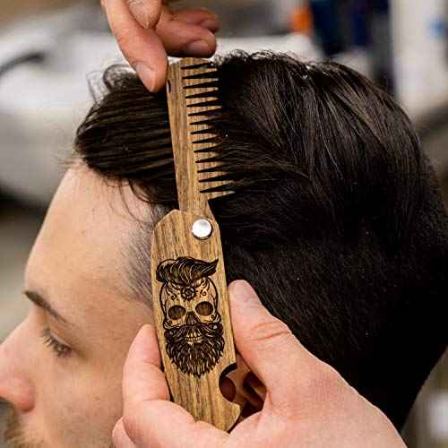 Beard Comb Gifts for Him Wooden Comb for Men Folding Pocket for Moustache Hair Walnut Combs Husband with the Engraving (Skull)