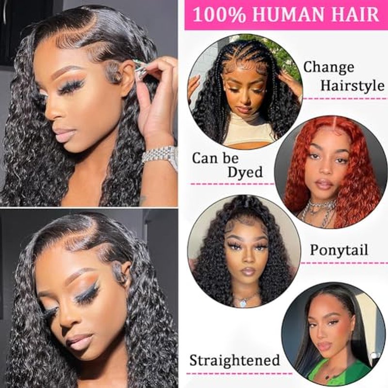 13x6 Deep Wave Lace Front Wigs Human Hair 200% Density 13x6 HD Transparent Lace Frontal Wigs Human Hair for Women Glueless Deep Curly Wig Pre Plucked With Baby Hair Natural Black 28 Inch