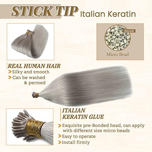 I Tip Hair Extensions Platinum Sliver Human Hair I Tip 100% Real Human Hair Extensions Sliver Silky Straight Extensions I Tips Human Hair Extensions for Women Invisible Cold Fusion Hair