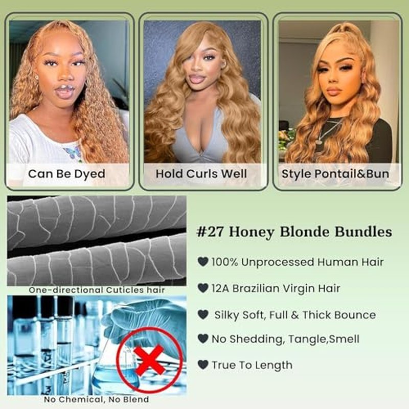 ALHER Honey Blonde Body Wave 3 Bundles Human Hair, 12A Color #27 Sun-kissed Vibe Golden Blonde Colored Human Hair Bundles Sew In Weave Wavy 100% Unprocessed Virgin Remy Hair 10 12 14 In