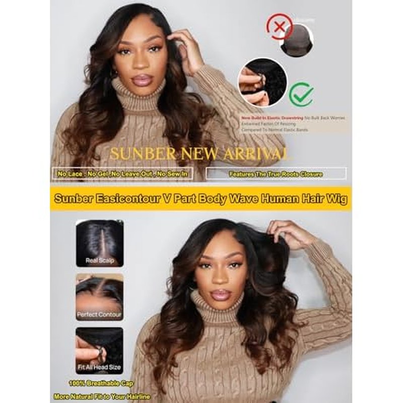 Sunber EasiContour V Part Human Hair Glueless Ombre Chestnut Brown Body Wave Wig Upgrade Vpart Wigs 180% Density No Leave Out No Gel V Shape Clip No Sew in Beginner Friendly Put On and Go 16Inch