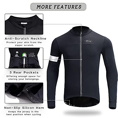 Dooy Men's Cycling Bike Jersey Winter Thermal Biking Shirt Long Sleeve Bicycle Jacket with Full Zipper and Rear Pockets(Black,XL)