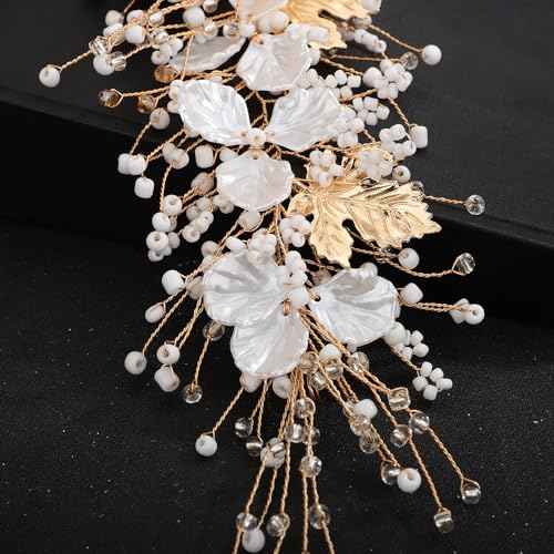 Teyglen Flower Bride Wedding Hair Vine Bridal Flower Headband Gold Silver Leaf Crystal Beads Headpiece Wedding Hair Accessories Floral Head Piece for Women Bride Flower (Gold)