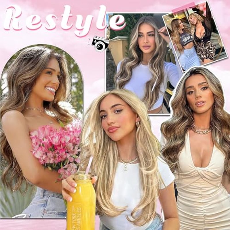 Clip in Hair Extensions Real Human Hair, Seamless Clip ins Real Human Hair for Women, Remy Human Hair Clip in Extensions, Double Weft 8pcs 20 inch Light Blonde Highlighted Golden Blonde