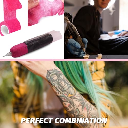 Machine Pen Covers Grip Tape 204Pcs - Combofix 200Pcs Machine Covers and 4Pcs Tattoo Grip Wrap Pink Tattoo Pen Bags Combination Grip Self-Adherent Tape Pen Sleeves Tattoo Supplies