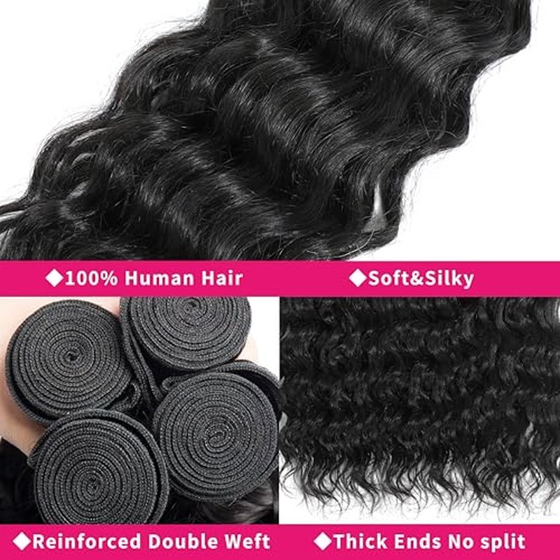 Deep Wave Human Hair Bundles 14 16 18 20 Inch 100% Unprocessed Deep Curly Bundles Human Hair Water Wave Bundles for Women Wet and Wavy Curly Hair Double Weft Remy Hair Extensions