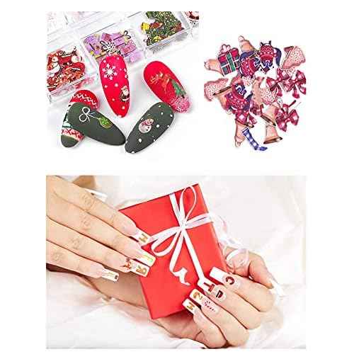 Kalolary 2 Boxes Christmas Nail Art Sequins Sticker, 3D Santa Claus Snowflake Elk Decals for Acrylic Nails, Christmas Tree Wood Pulp Glitter Flakes for Winter Nail Art Decorations