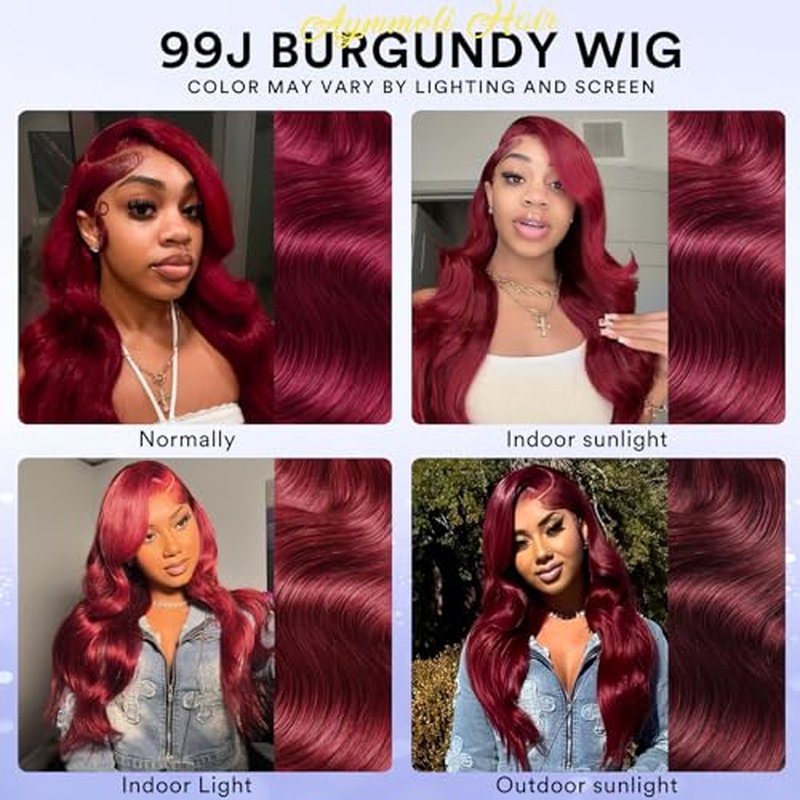 28 Inch 99j Burgundy Lace Front Wigs Human Hair 13x4 HD Red Burgundy Wig Human Hair 200 Density Wine Red Body Wave Lace Front Wigs Pre Plucked Glueless Frontal Wigs for Women