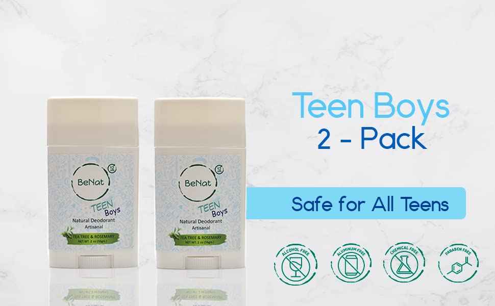 BeNat 2-Pack All Natural Deodorant For Teen Boys 100% Natural Aluminum-Free Carcinogen Free Kids Deodorant For Boys Clinically Proven To Be Safe For Children and Teenagers