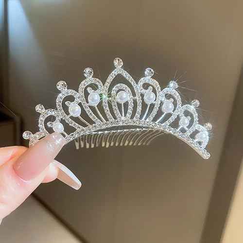 Chargances Princess Tiara Crystal Crown Headband Mini Silver Pearl Rhinestone Crown with Combs Elegant Bridal Wedding Headbands Prom Birthday Party Hair Accessories for Women(Style 3)