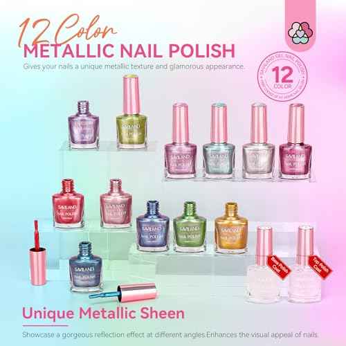 SAVILAND Metallic Nail Polish with Base and Top Coat: Chrome Nail Polish Set 12+2 Colors Mirror Glitter Holographic Silver Pink Quick-Dry Nail Polish for Fingernail French Manicure Art DIY Gift