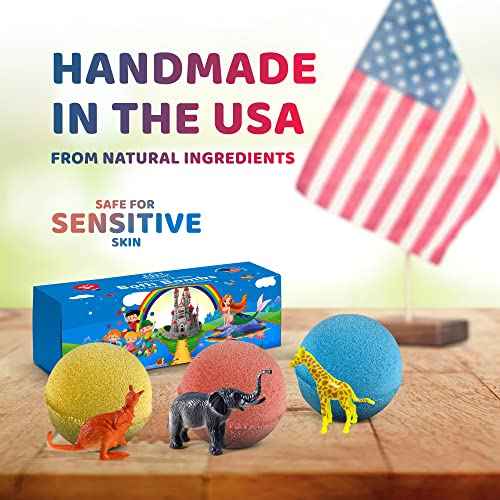 3 Handmade Bath Bombs for Kids with Wild Animals Toys Inside for Boys and Girls ? Big Size Toys Natural and Safe Bath Fizzies - Great Gift Set for Boys and Girls
