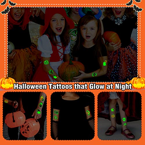 Partywind 204 PCS Individually Wrapped Sheets Glow Halloween Tattoos for Kids Party Decorations, Luminous Pumpkin Tattoo Stickers, Kids Halloween Treats, Party Supplies