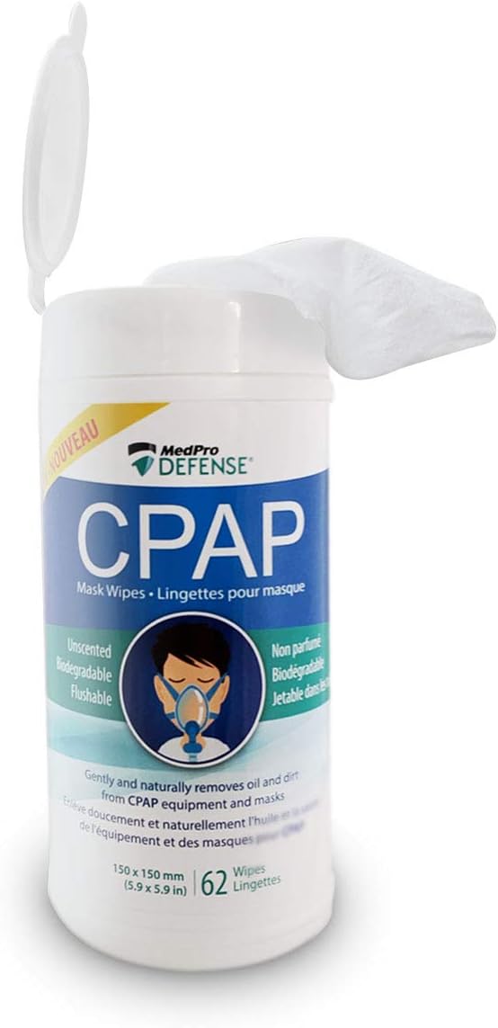 MedPro Defense CPAP Mask Cleansing Wipes for Daily Cleaning, Gently Removes Dirt and Oil, Biodegradable, Unscented, Lint-Free, and Flushable 62 count