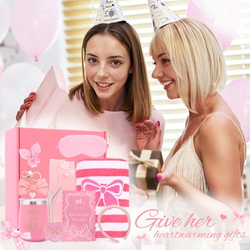 Birthday Gifts for Women Friendship Unique - Pink Bow Birthday Gifts for Teen Girls - Self Care Get Well Soon Presents Basket for Mom Sister Friend Bestie Wife Her Girlfriend Coworkers