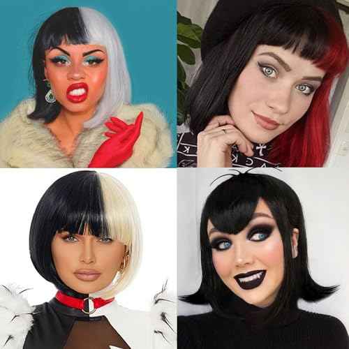 MYQUEEN Black and White Bob Wig With Bangs Cruella Deville Costume for Women Girl Kids 12 Inch Short Straight Bob Bangs Wig for Daily Party Holloween Use