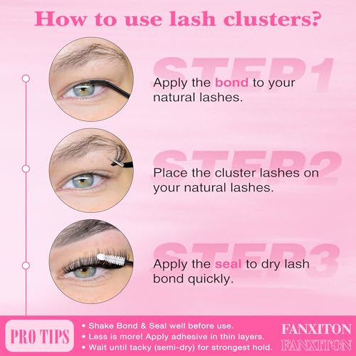 FANXITON DIY Lash Extension Kit Volume Lash Clusters 40D+50D D Curvature Individual Lashes Lash Clusters Kit Thick Eyelash Extension Kit 280 pcs Thin Band Cluster Lashes Lash Bond and Seal Tweezers