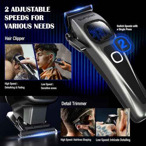 SUPRENT Professional Hair Clippers for Men - Barber Clippers & Zero-gapped Trimmer Combo with Charging Stand, Up to 10000 RPM Max Motor Speed, Blue Titanium-Coated Blades (Gray)