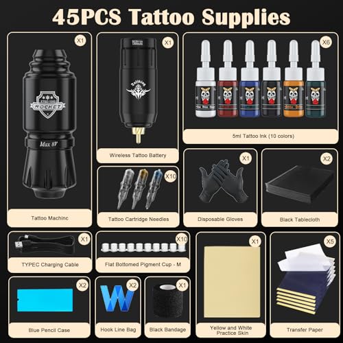 Tattoo Gun Kit for Beginners Complete Set, Rotary Wireless Tattoo Pen Kit, Complete Tattoo Supplies Set for Beginners, with 1300 mAH Power Supply, 10Pcs Catridges Needles (Battery-I-45Pcs)