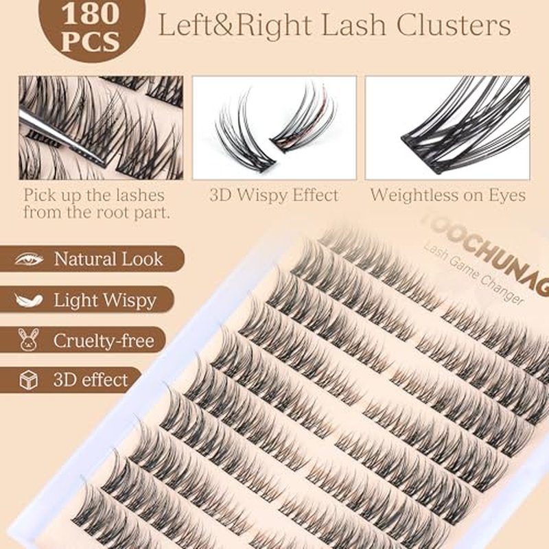 Natural Lash Clusters Wispy Eyelash Clusters C Curl Left&Right Cluster Eyelashes Extensions 180pcs Cluster Lashes DIY Individual Lash Extension Thin Band Cat Eye Lashes by TOOCHUNAG