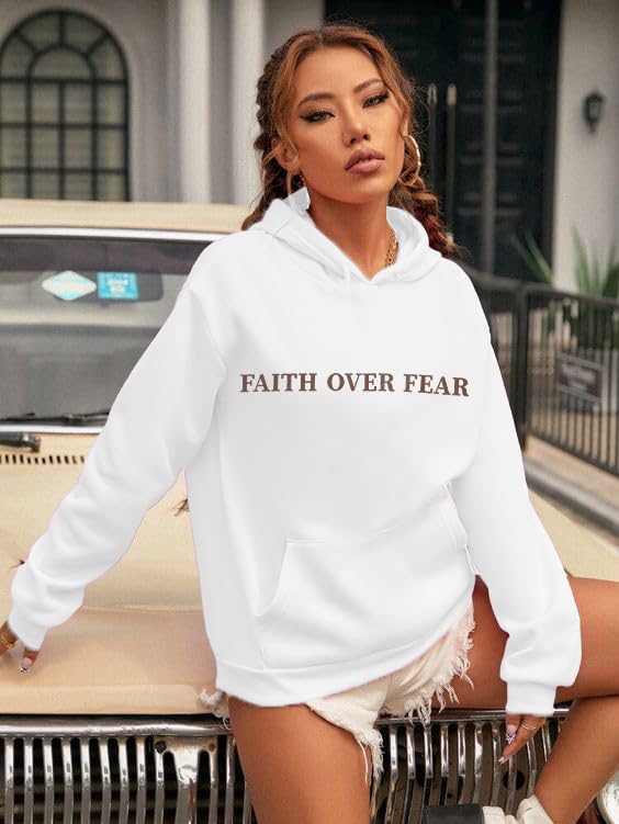 BANGELY Faith Over Fear Hoodie Women Christian Sweatshirt Graphic Christian Religious Sayings Sweater Bible Pullover Tops White