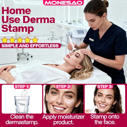 Derma Stamp, MONESAO Microneedling Stamp for Skin Face Hair Scalp Beard, Microneedle Dermastamp Tool with 2 Replacement Heads, Micro Needling Stamp Kit for Women and Men