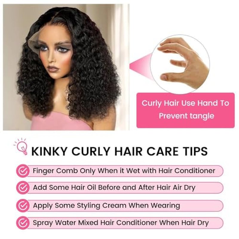 Kinky Curly Wig Human Hair 13x6 Lace Frontal 220% Density 16 Inch Afro Kinky-Curly Bob HD Transparent Lace Front Wig for Women Pre Plucked With Baby Hair Glueless Short Kinky Curly Wigs