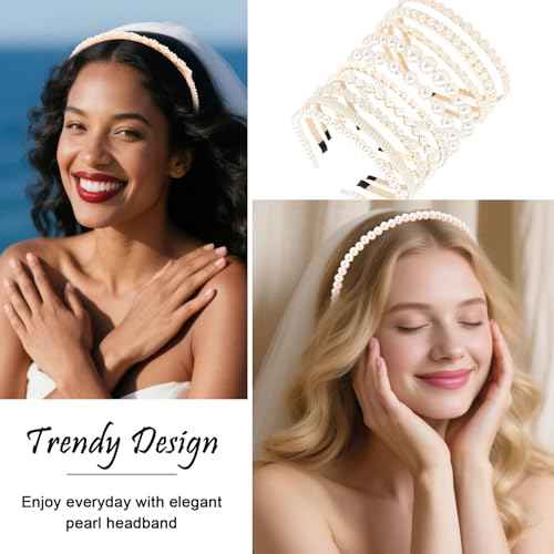 AMCAMI 10Pcs Pearl Headbands For Women,White Pearl Headpiece,Elegant Bridal Headband For Wedding, Party & Daily Wear