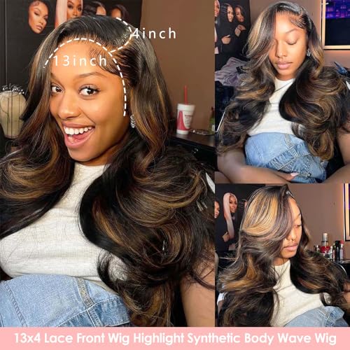 Highlight Synthetic Lace Front Wig 13x4 Lace Front Wig Honey Blonde Glueless Synthetic Body wave Lace Frontal Wig for Women 26 Inch