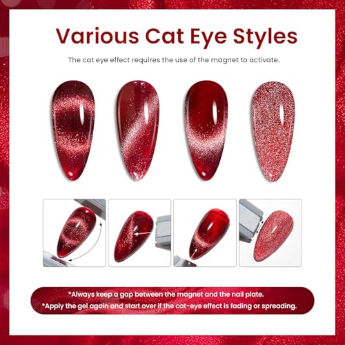 Beetles Cat Eye Gel Nail Polish Set, 6 Colors Glitter Red Pink Shiny Brown Burgundy Purple Blue Green Magnetic Effect Sparkle Stunning Nail Gel Polish Kit Soak Off UV Manicure Gifts for Women