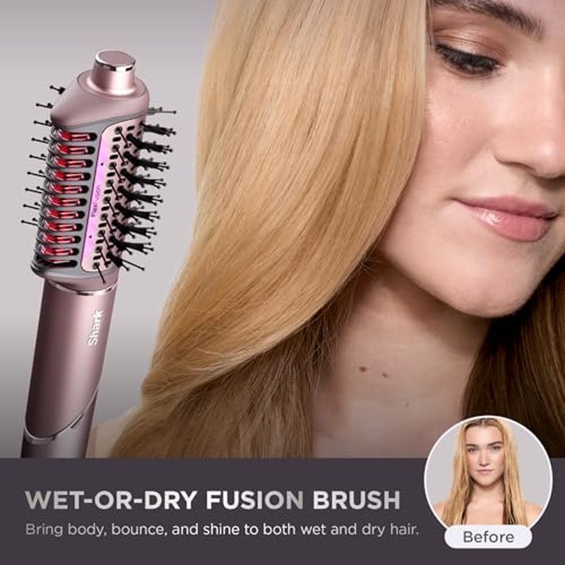 Shark FlexFusion Hair Straightener & Powerful Hair Dryer with Fusion Hair Brush, Ceramic Air Styler with Auto-Wrap Curlers & Concentrator, Ceramic Plates, Cosmic Blush HD641S