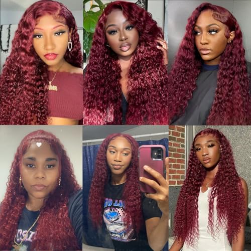 13x4 Deep Wave Lace Front Wigs Human Hair 99j Burgundy Curly Lace Frontal Glueless Wigs Pre Plucked 180% Density Color Wigs for Women (20inch)